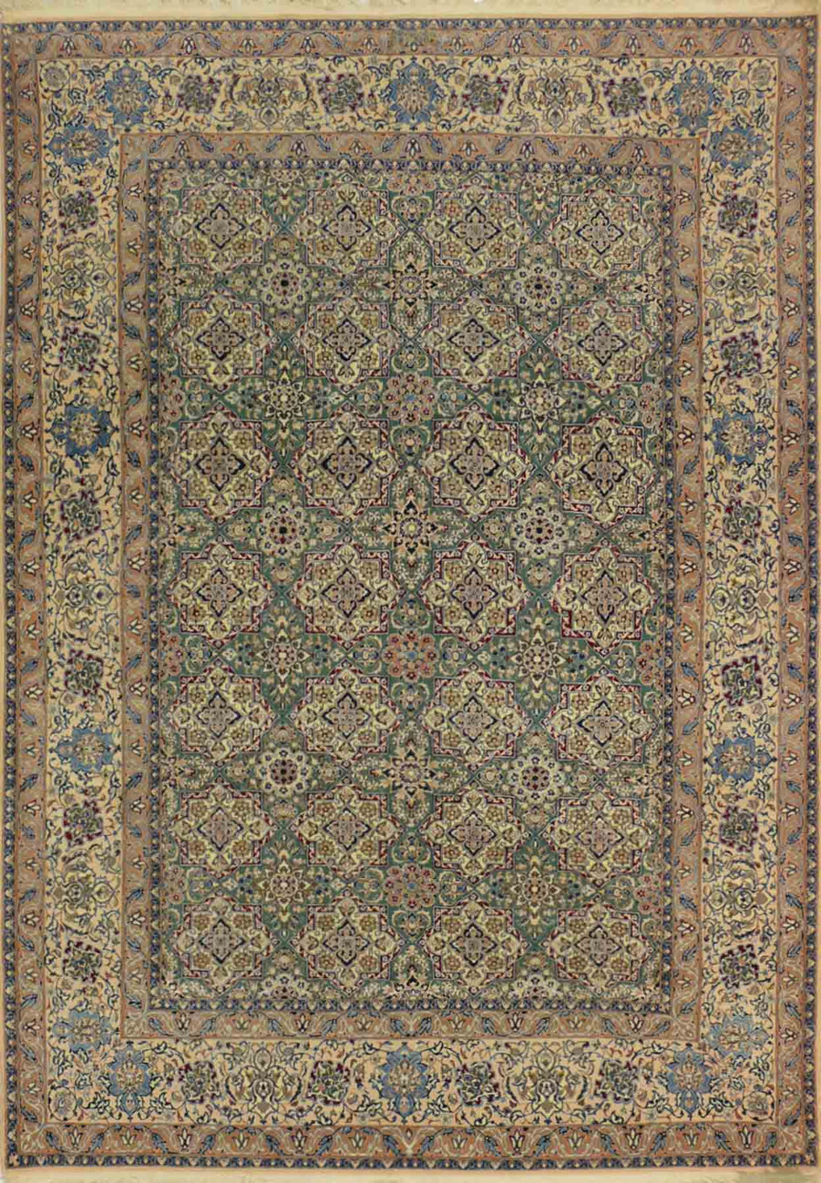 6'8 x 10'1 Persian Nain 6 LAA Habibian wool and silk rug showing ivory field with intricate blue arabesque medallion design and Shah Abbasi floral border from Rugs.net