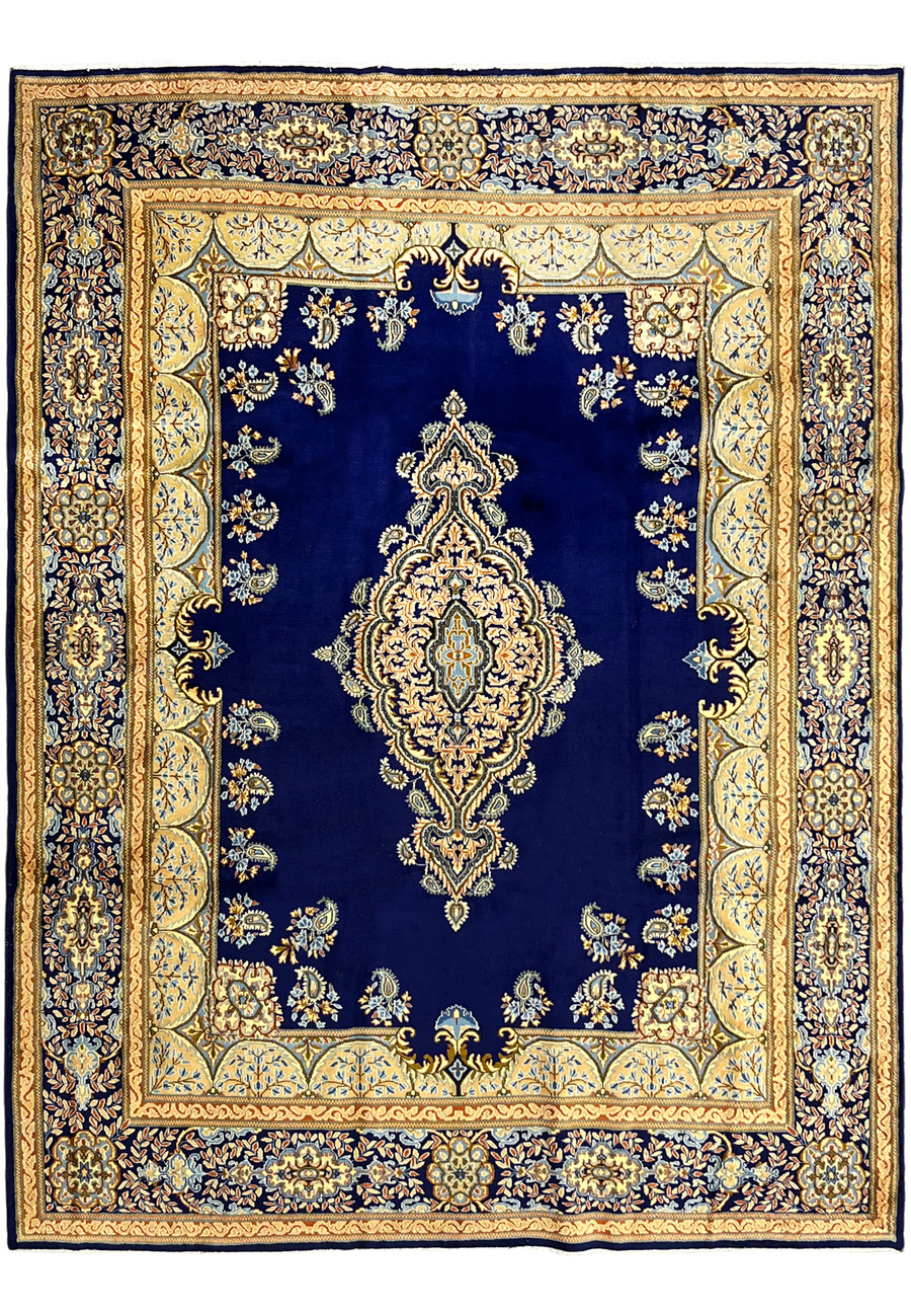 Palace size Persian Yazd rug with midnight navy field and rare ivory cartouche border