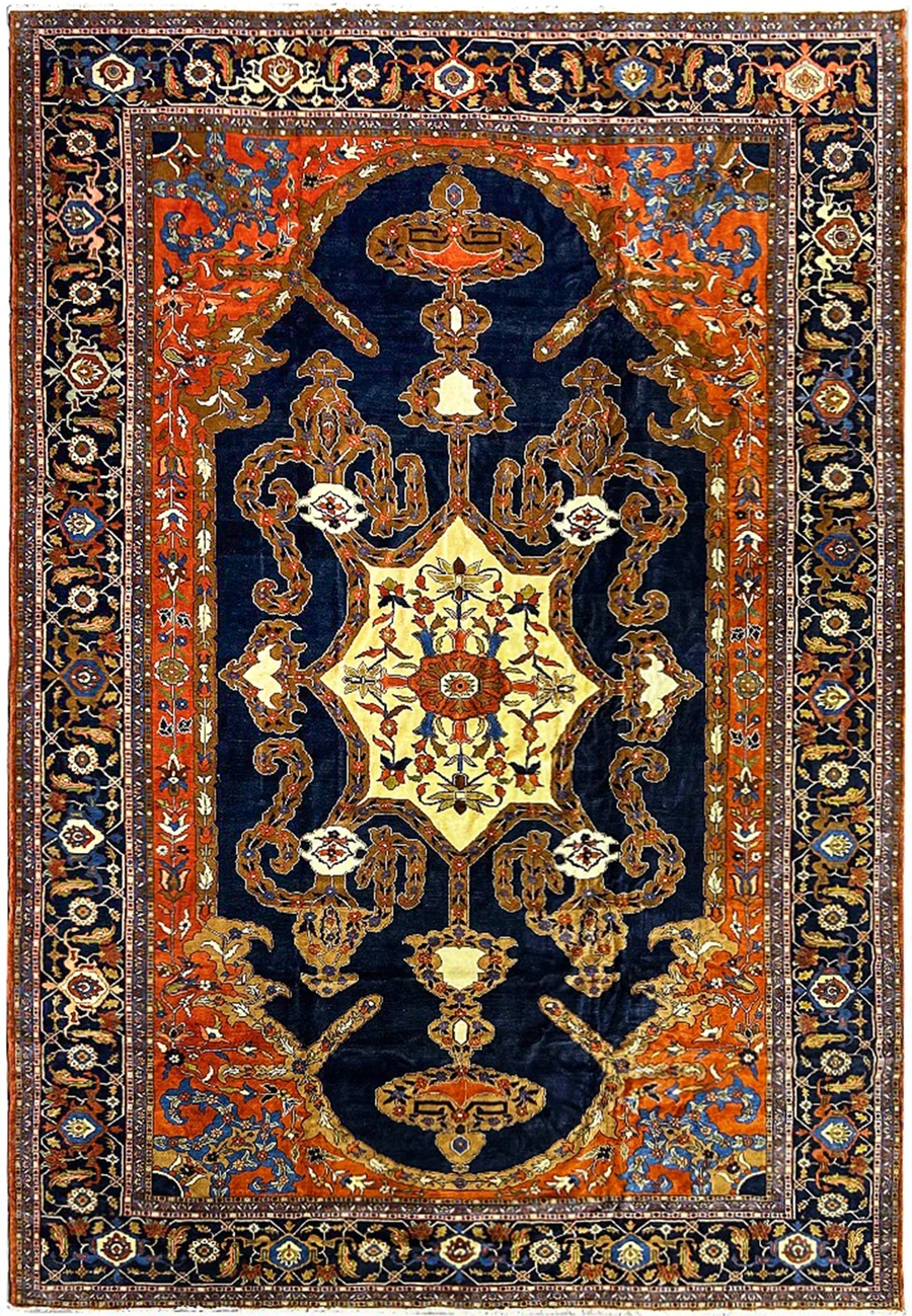 Palace size 14x19 Persian Heriz rug with midnight navy field and ivory star medallion