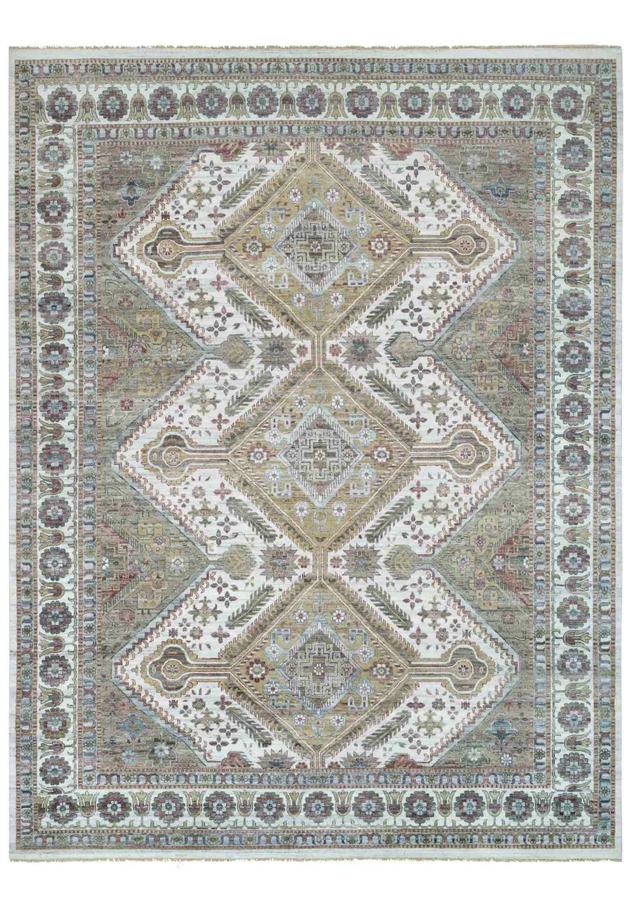 Oversize 14x18 Shiraz rug in ivory and grey with three geometric medallions for open plan living