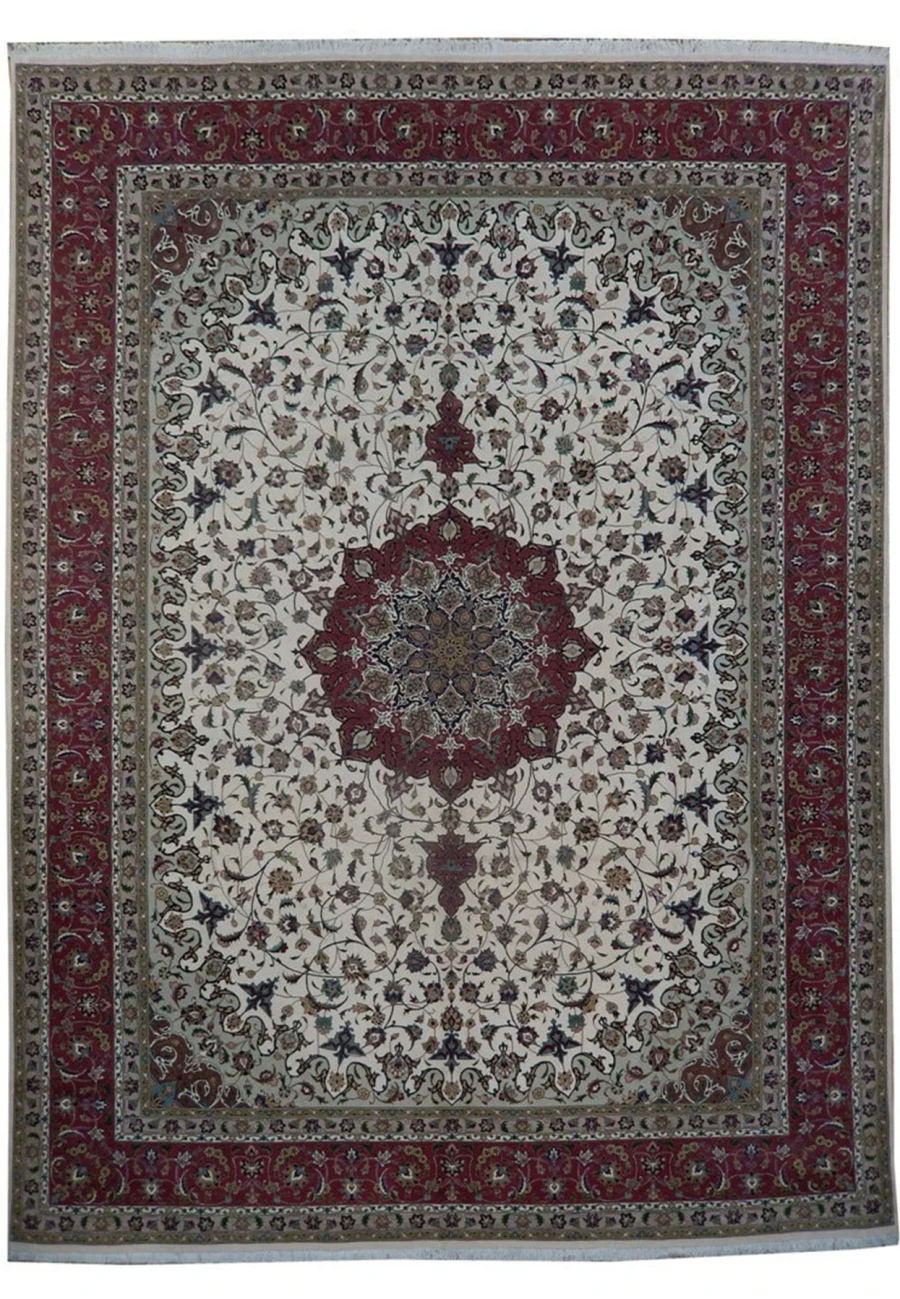 10x13 Persian Tabriz 60 Raj rug with ivory field and red medallion in wool and silk