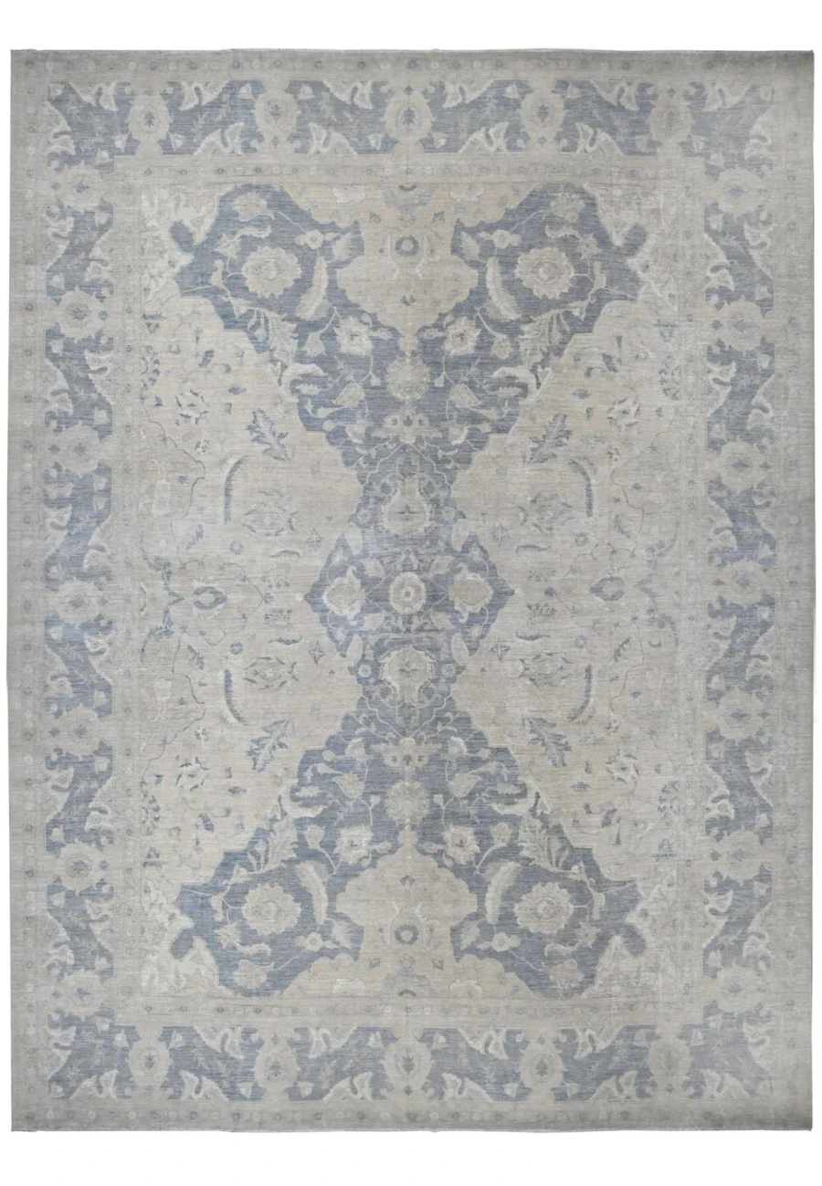 Palace size 18x24 Peshawar rug with paper white field and slate blue Polonaise design for great rooms