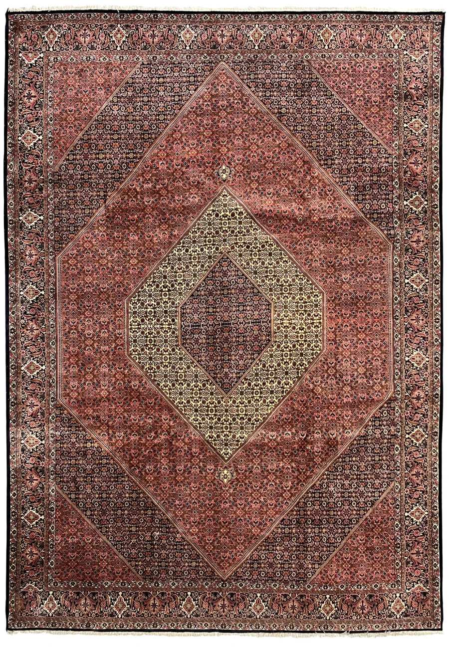 Rare 10 x 14 Bijar with stepped ivory and black diamond over rose red herati