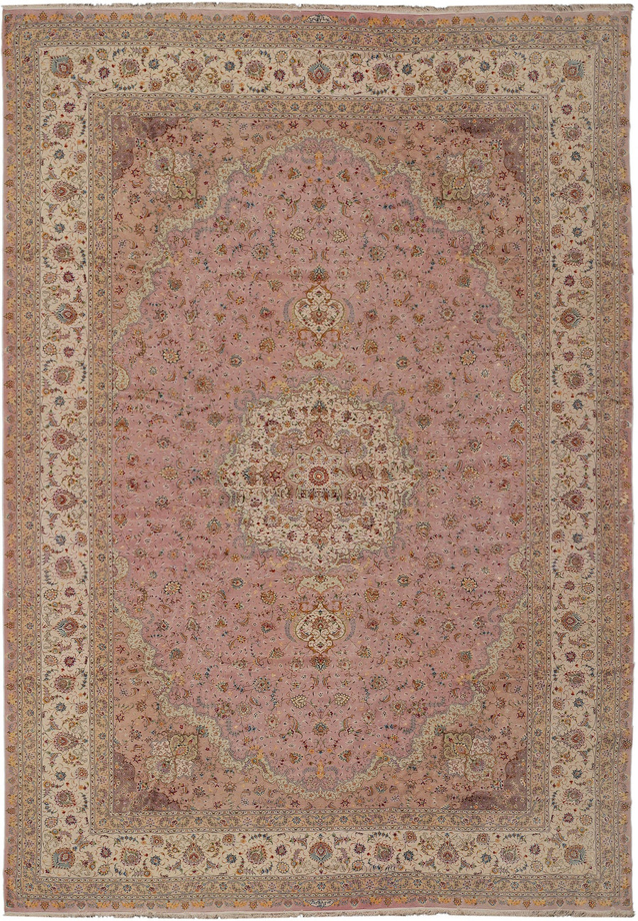 Palace size Persian Tabriz rug in rose and ivory signed twice woven on silk foundation