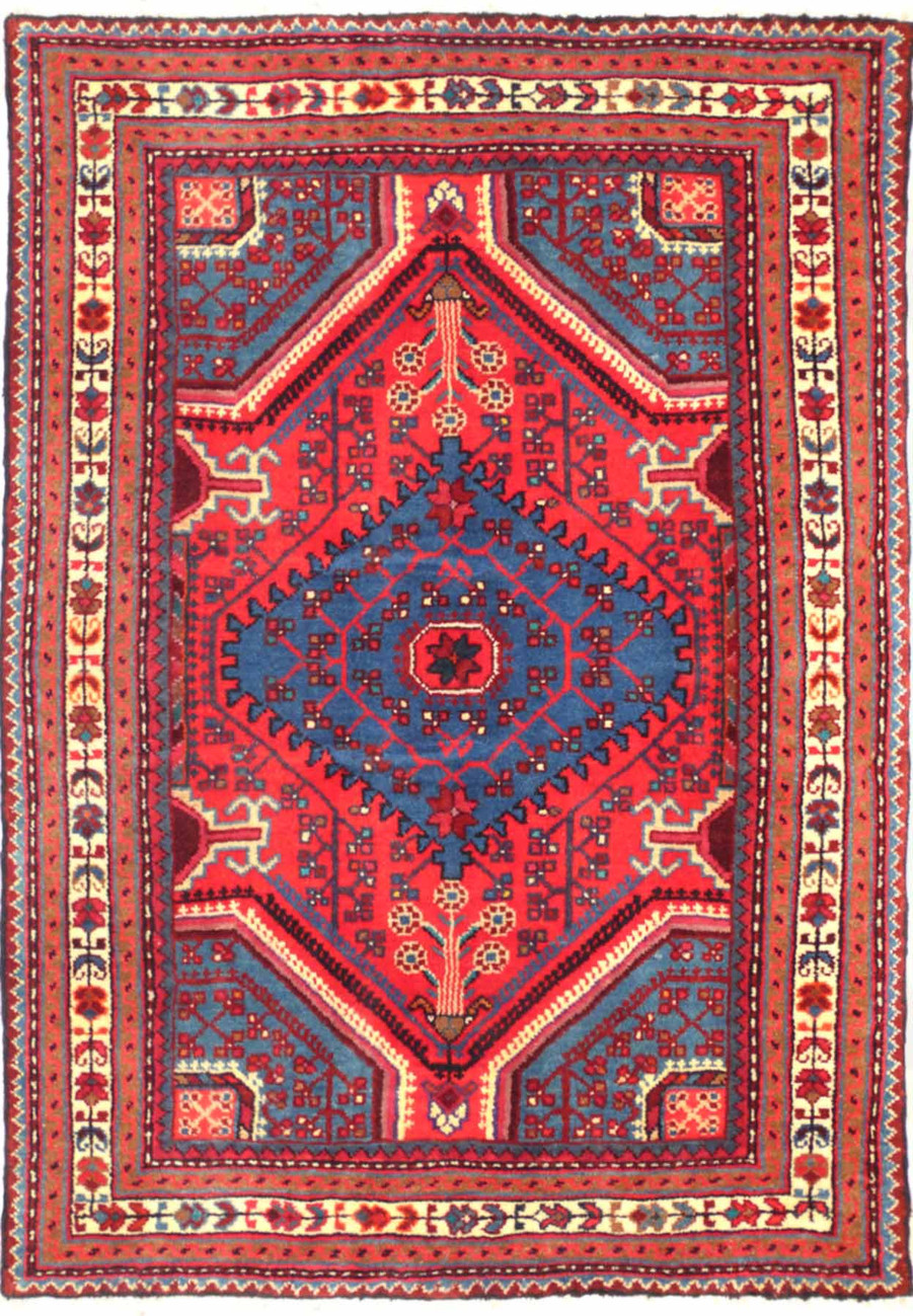 Persian Yalameh geometric village rug in royal blue, red, ivory, and turquoise, hand-knotted wool, 3 by 5