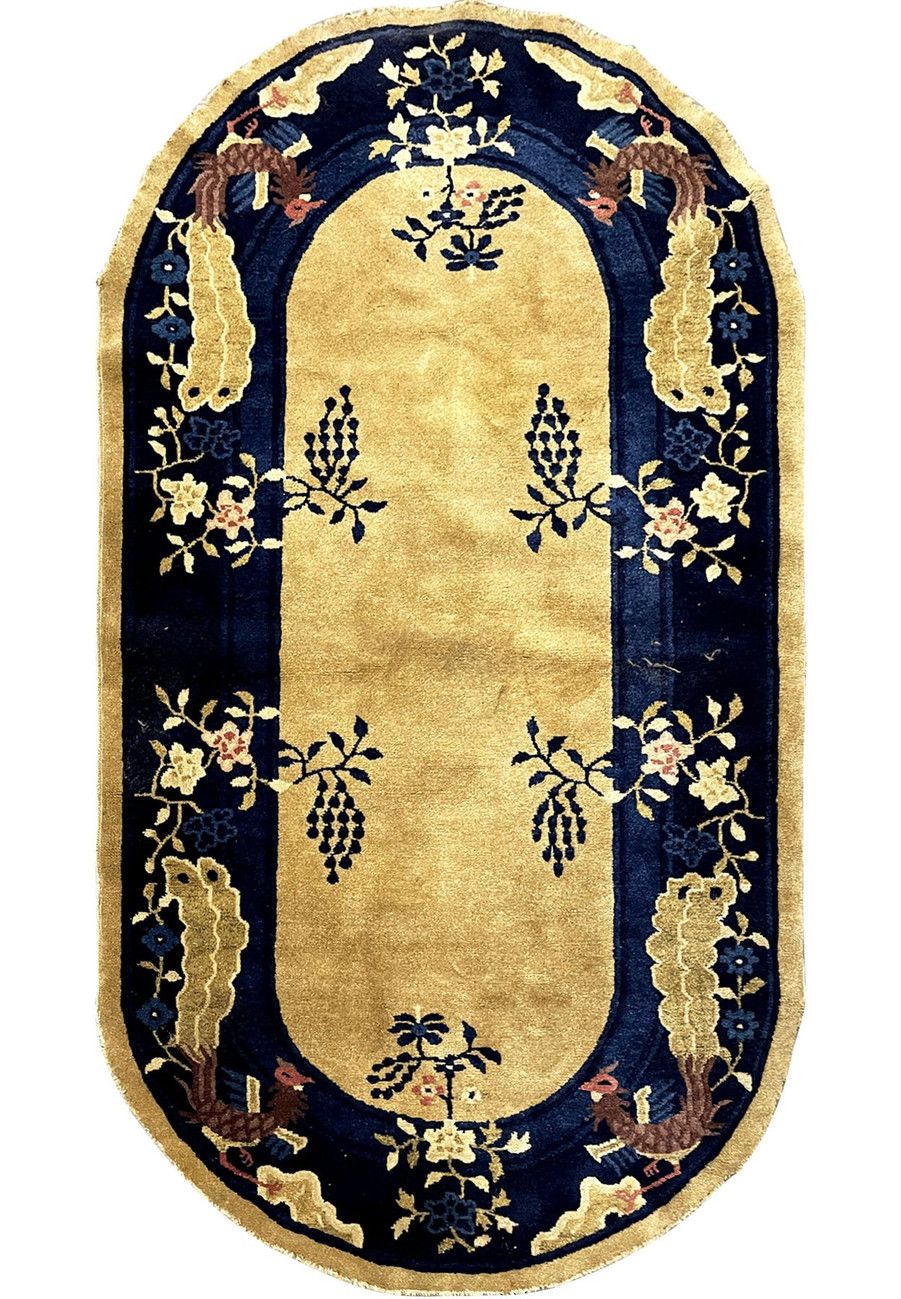 3 x 6 Antique Oriental Art Deco Oval Rug showing the rare oval format with characteristic Chinese Art Deco floral and botanical motifs, an authentic surviving piece of pre-Cultural Revolution Chinese weaving