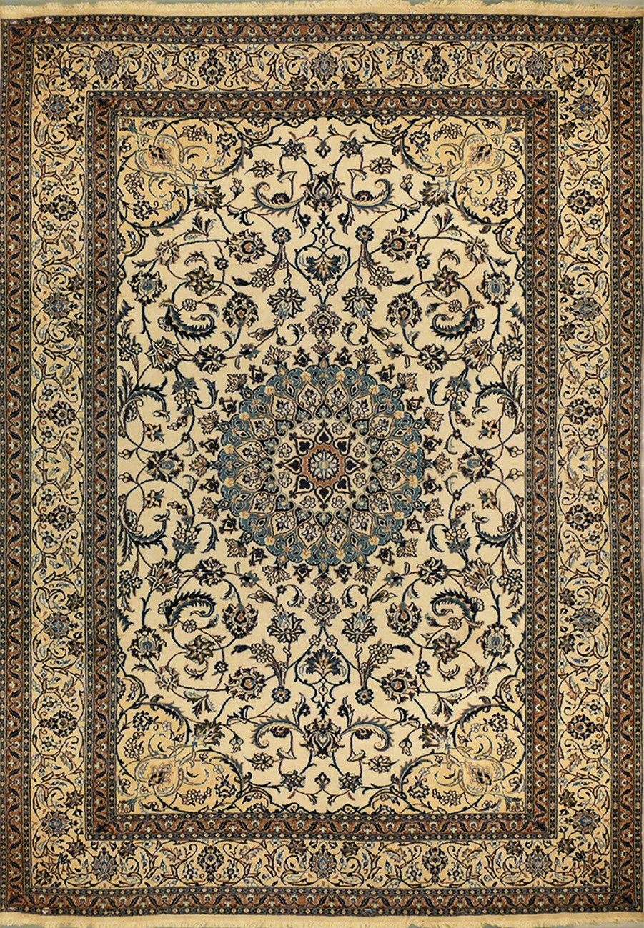 8 by 11 foot 4 inch Persian Nain 12 LA rug with beige field and navy medallion, all wool