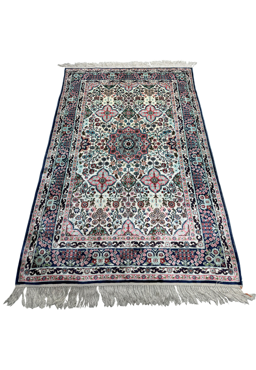 Top view of a 3 x 5 Persian Qum Silk Rug, highlighting the overall design and intricate details.