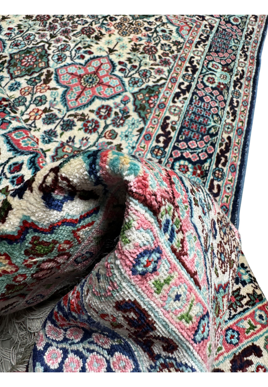 Close-up showing the softness and luxurious texture of the 3 x 5 Persian Qum Silk Rug.