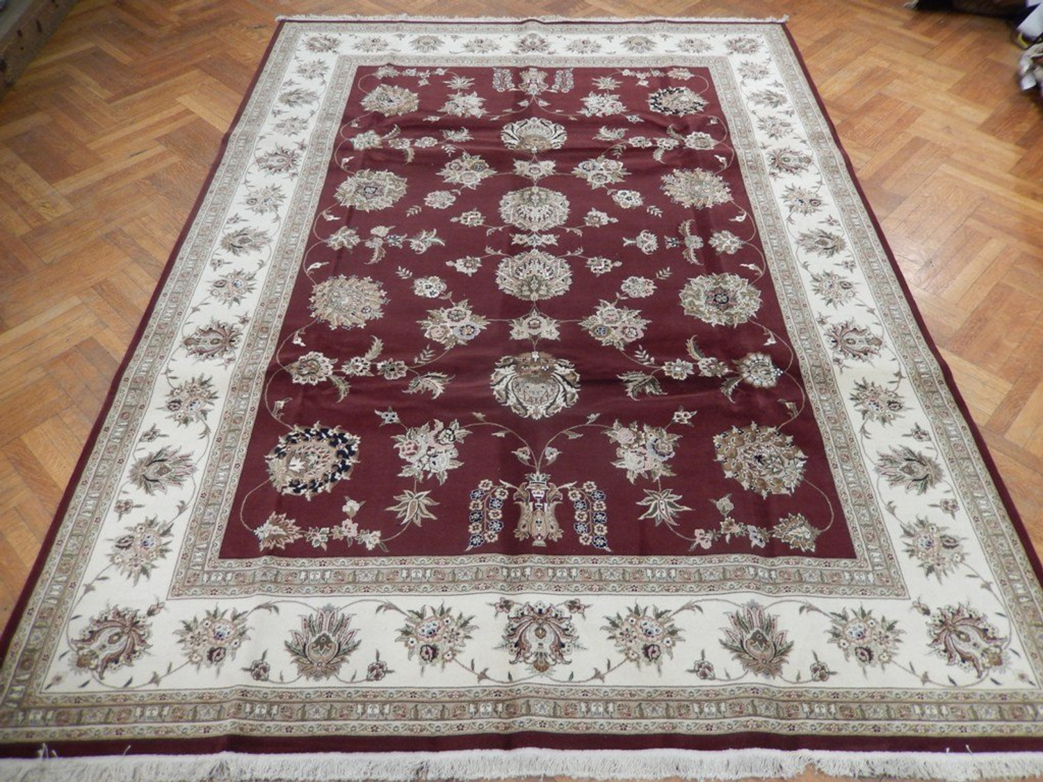 Chinese Tabriz Burgundy Wool & Silk Handmade 9' x 12' Super Fine New Perfect Condition