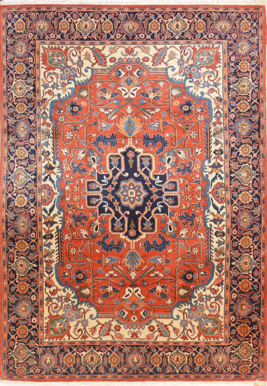 Full layout of a 6'7 x 9'7 Persian Heriz rug displaying strong geometry, bold medallion design, and classic color balance