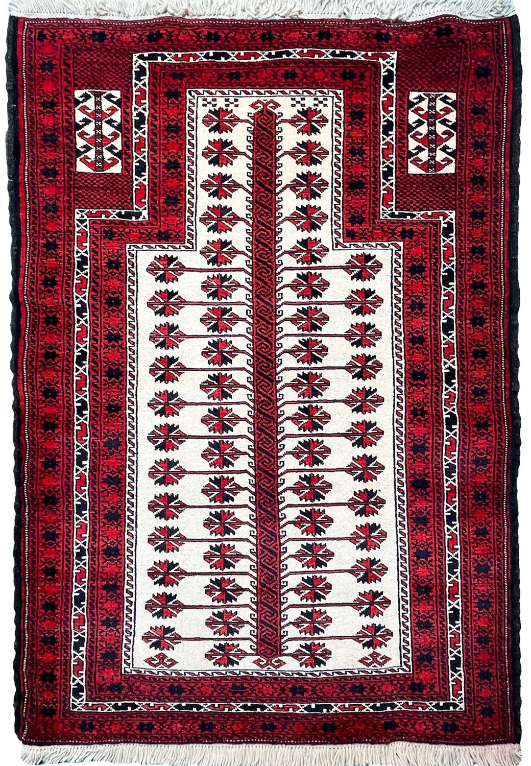 Front view of 3x5 Persian Baluch rug showcasing intricate tribal patterns and vibrant colors.