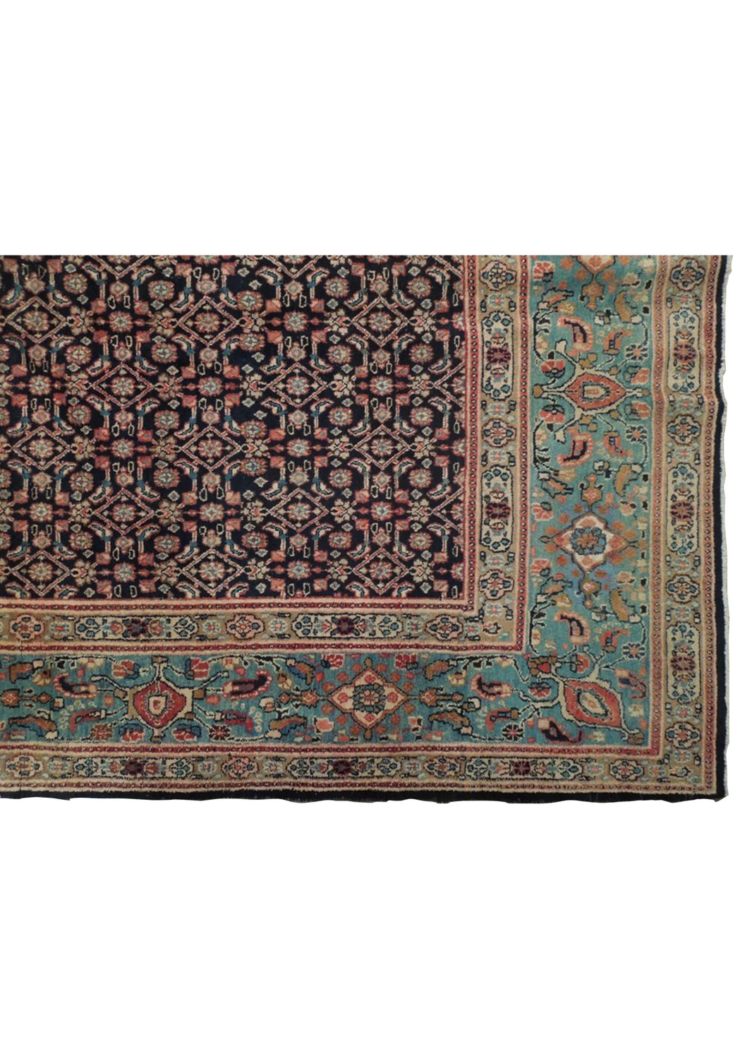 Detailed view of the teal and navy border on a 10x13 Persian Bijar Rug