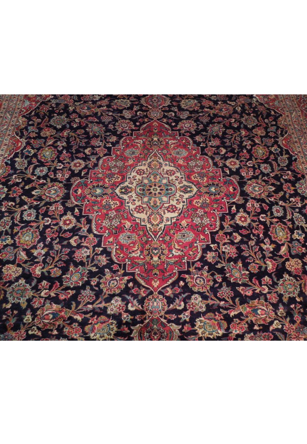 Hand-knotted Persian Kashan area rug showcasing a striking central medallion pattern with a high knot count wool construction, dimensions 10x13.5 feet