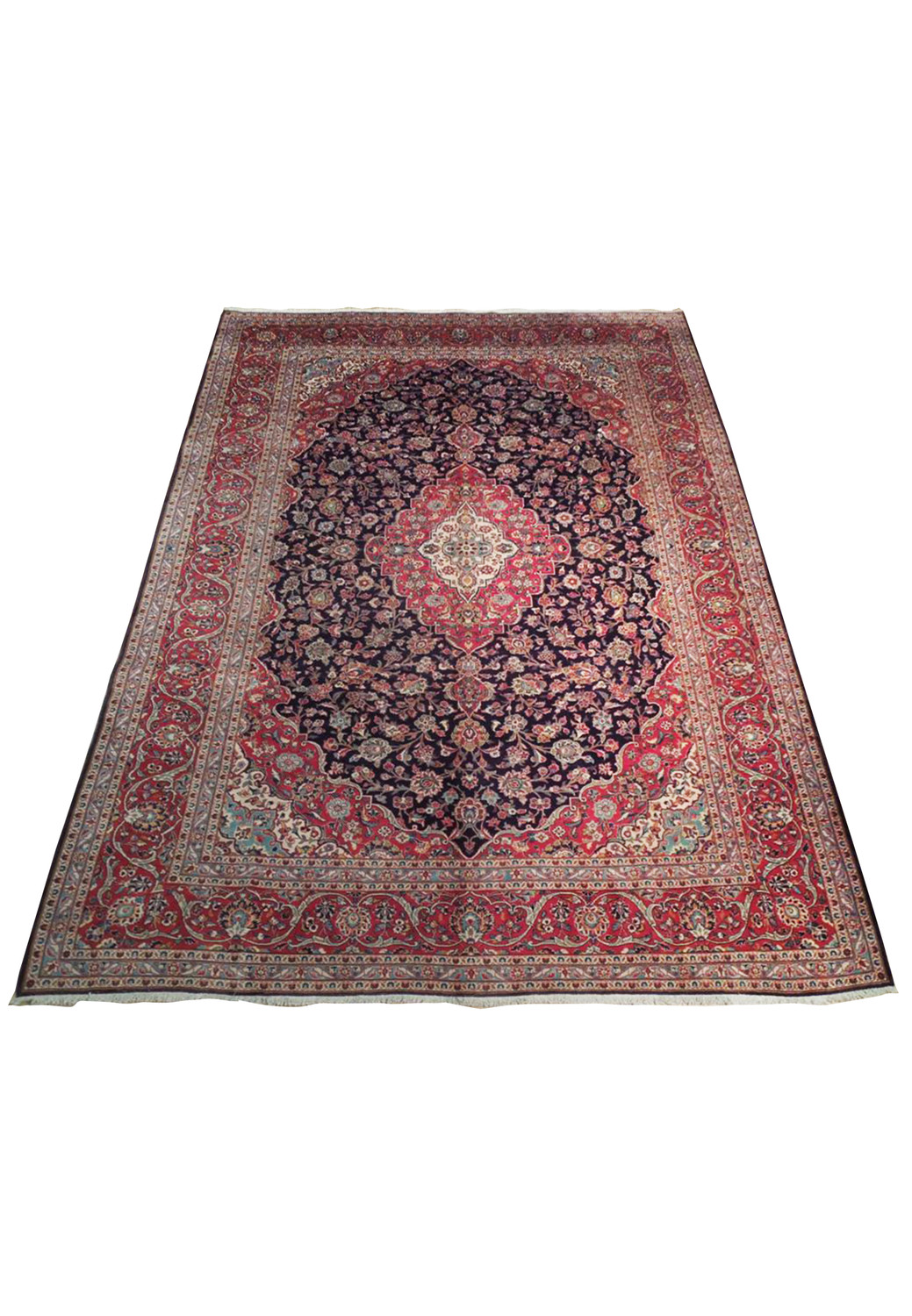 Authentic Handmade Persian Kashan rug with a detailed central medallion in red and blue floral motifs on a luxurious wool fabric, size 10x13.5 feet.