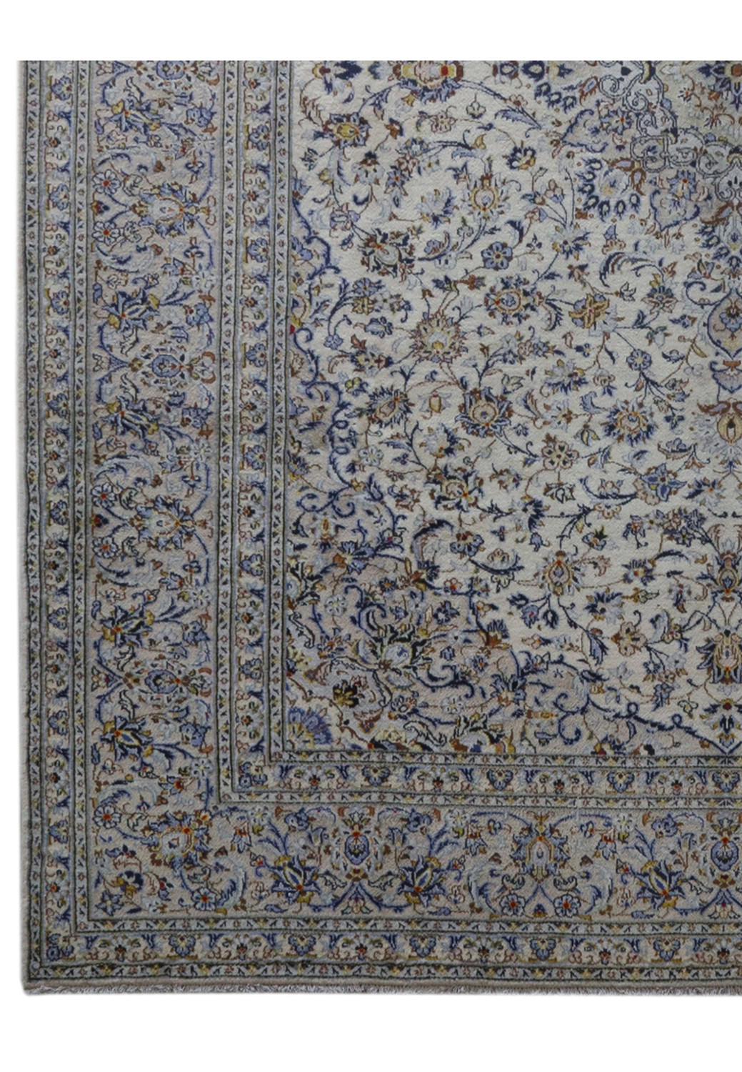 The ornate border of a 10x13 Persian Kashan rug, featuring a sophisticated navy and light blue design