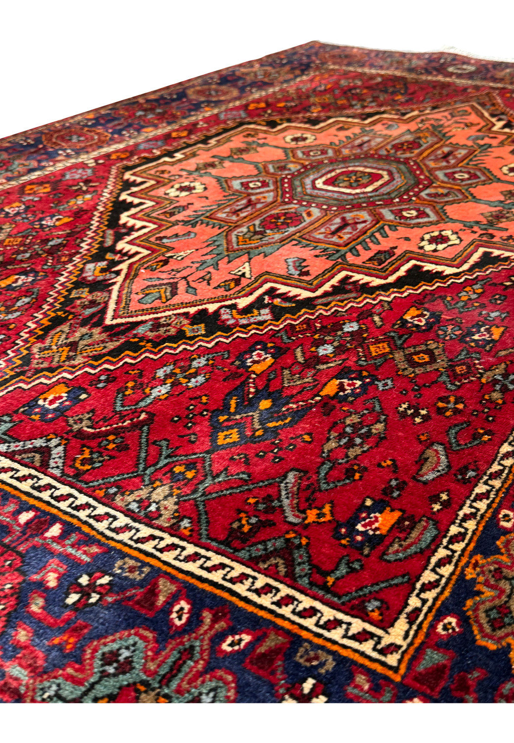 Border detail of a 4x6 Persian Gholtogh rug with intricate navy and red designs.