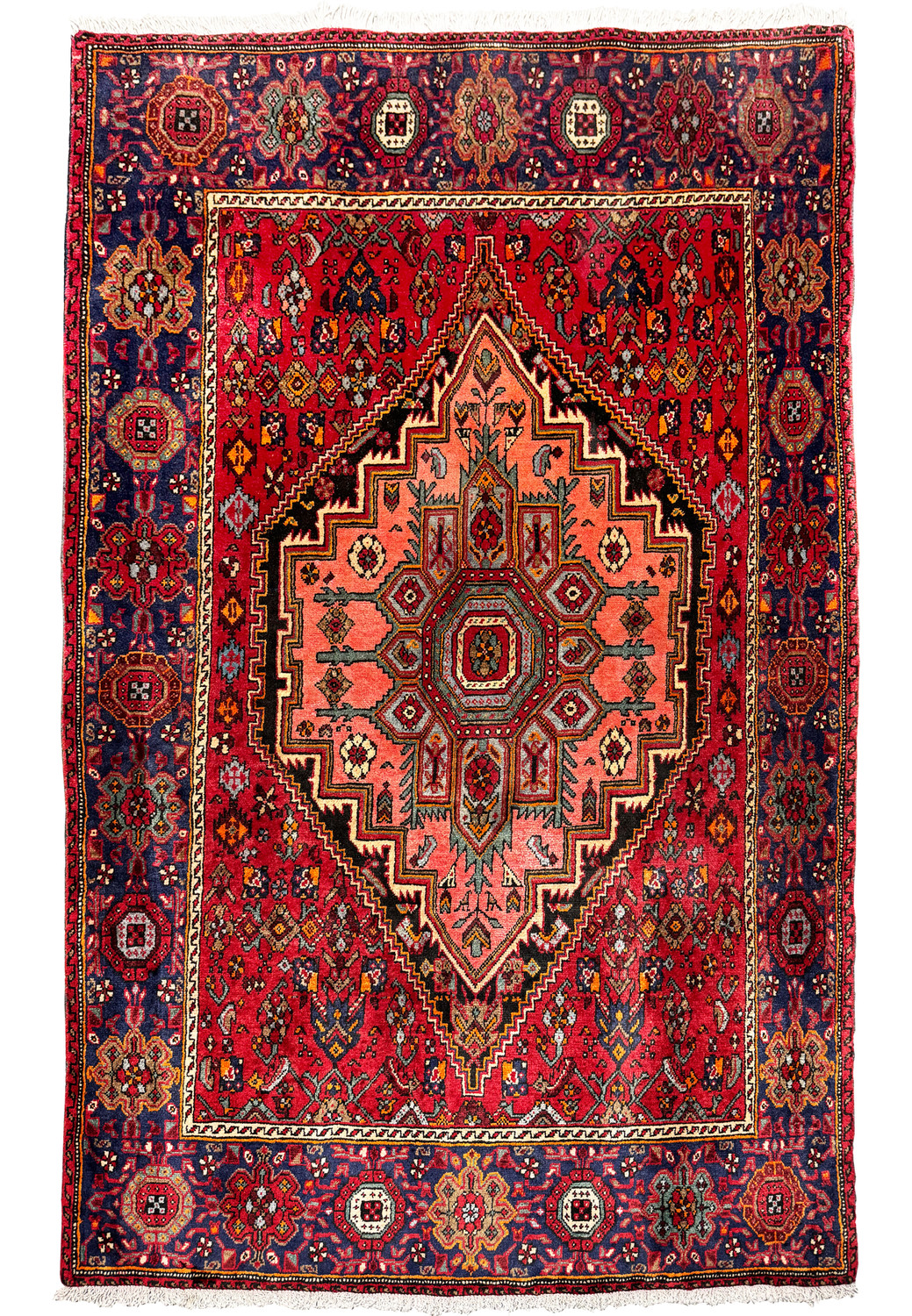 Full view of a 4x6 Persian Gholtogh rug with red central medallion on a navy background