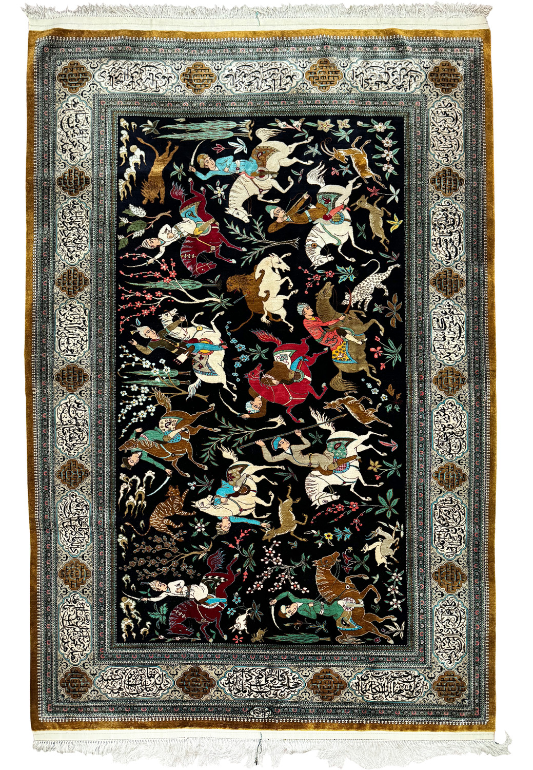 4'6" x 7' Persian Qum Silk Hunting Rug displaying horsemen and wildlife on a dark background with an elaborate border, hand-knotted in Iran