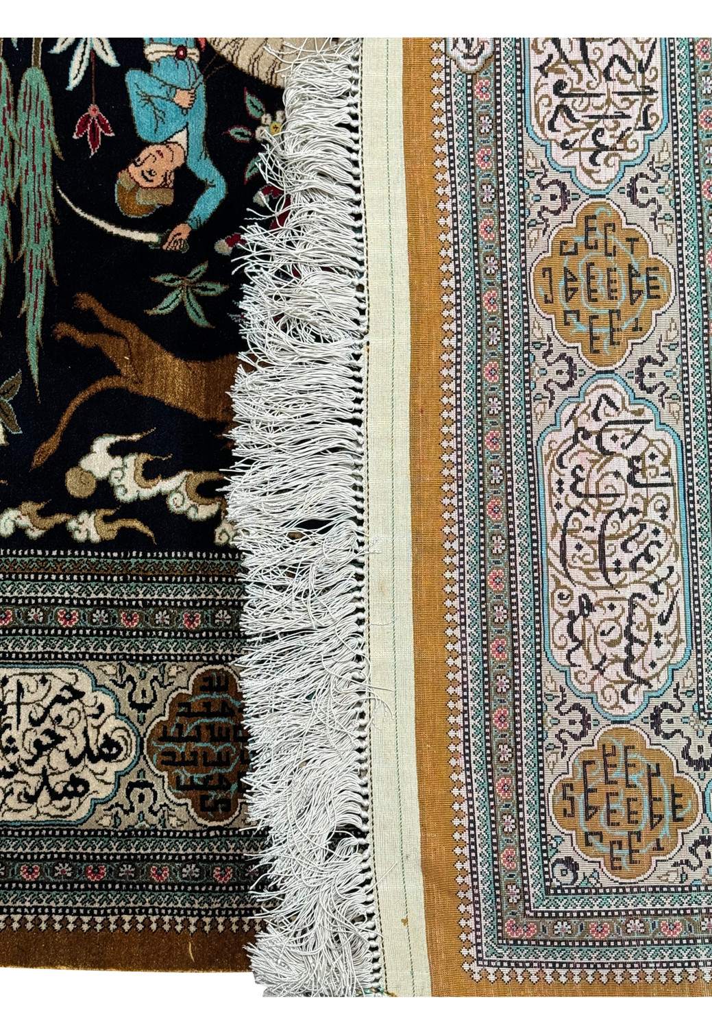 The back of the rug of a Persian Qum Rug 5x7 showing the back of the rug to emphasize the high quality weaving technique