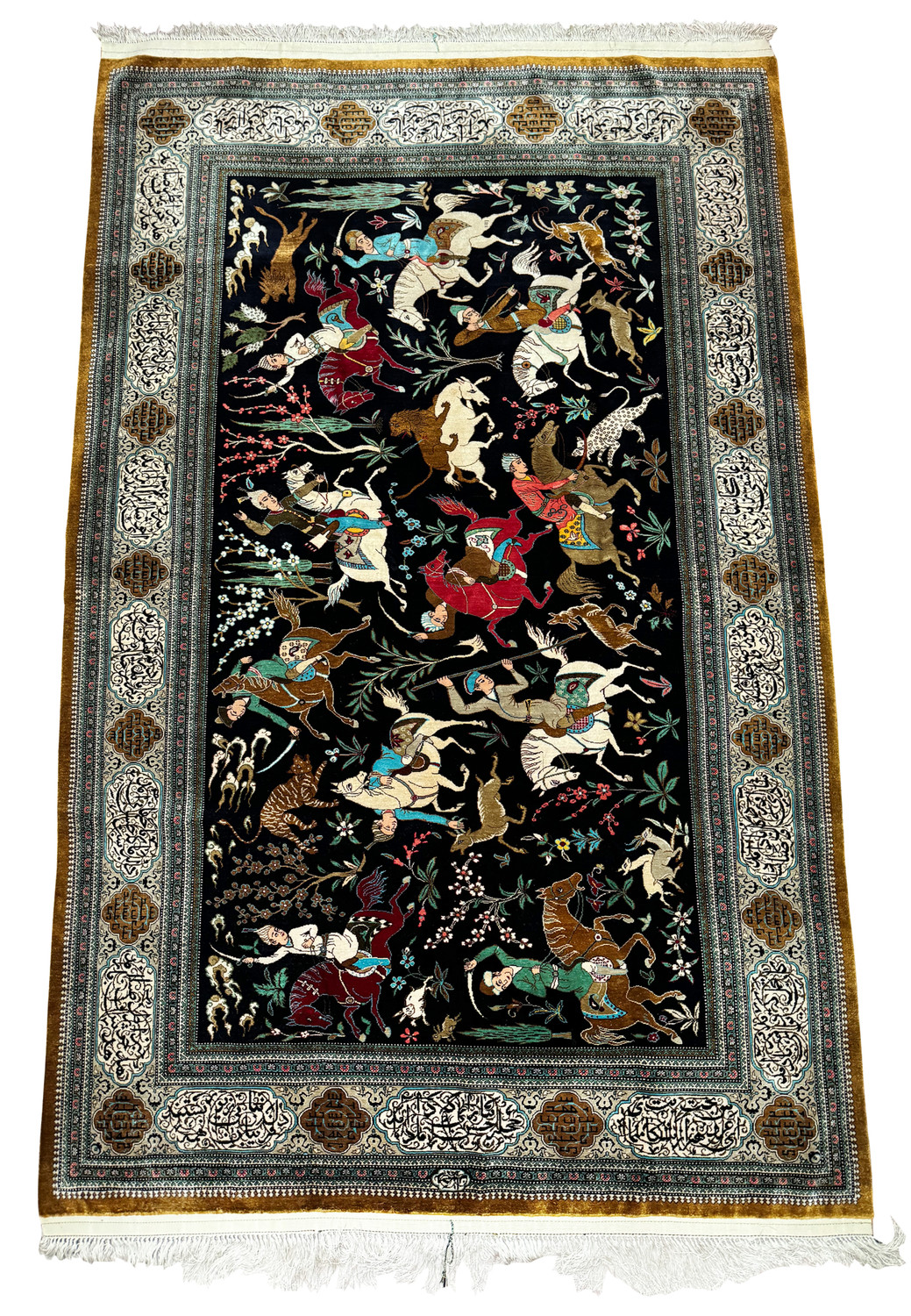Close-up of Persian Qum Silk Rug with detailed hunting scene, highlighting the sheen of the silk and the depth of the hand-knotted design