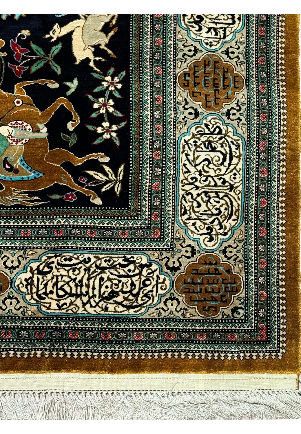 Full view of 4'6" x 7' Persian Qum Silk Hunting Rug with detailed border and central hunting scene, showcasing hand-knotted craftsmanship