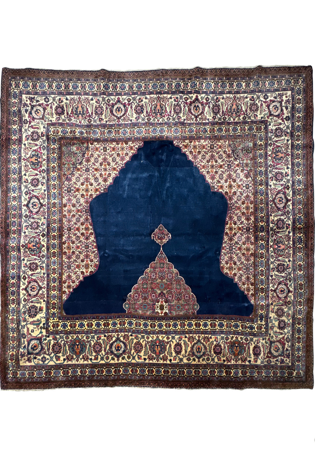 Full display of 8x8 Persian Tabriz rug with traditional Persian patterns and mihrab