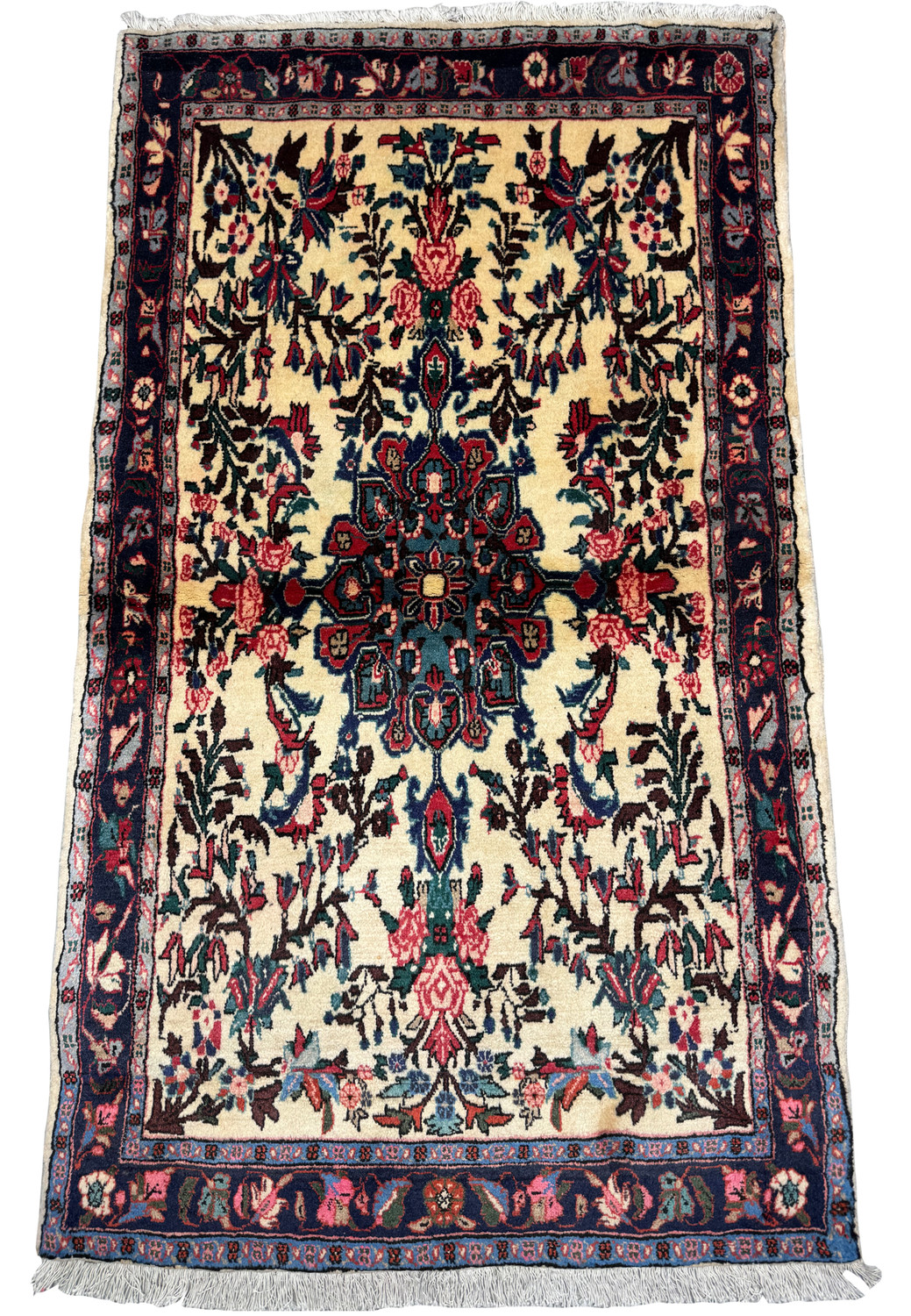Full view of a traditional 2'7 x 4'6 Floral Persian Bijar Rug showcasing a central floral medallion, framed by an ornate navy border and floral accents