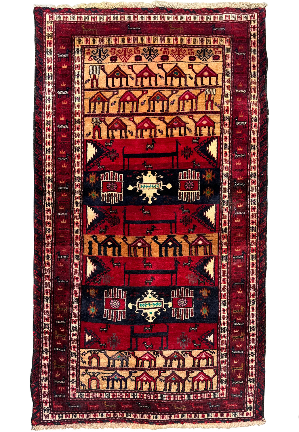 Full view of a 3x5 Persian Baluch Tribal rug with vibrant red background and traditional tribal patterns