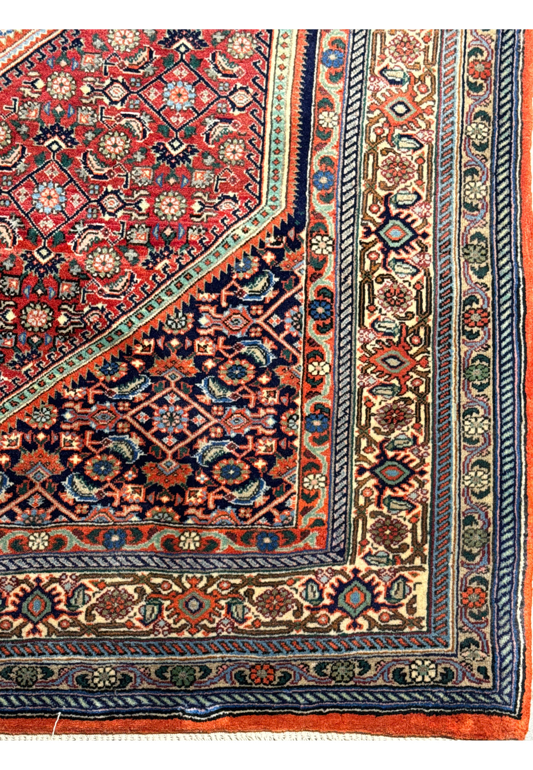 A close-up shot of the upper half of a Persian Bijar rug, focusing on the detailed border and the fine patterns woven against the red background.