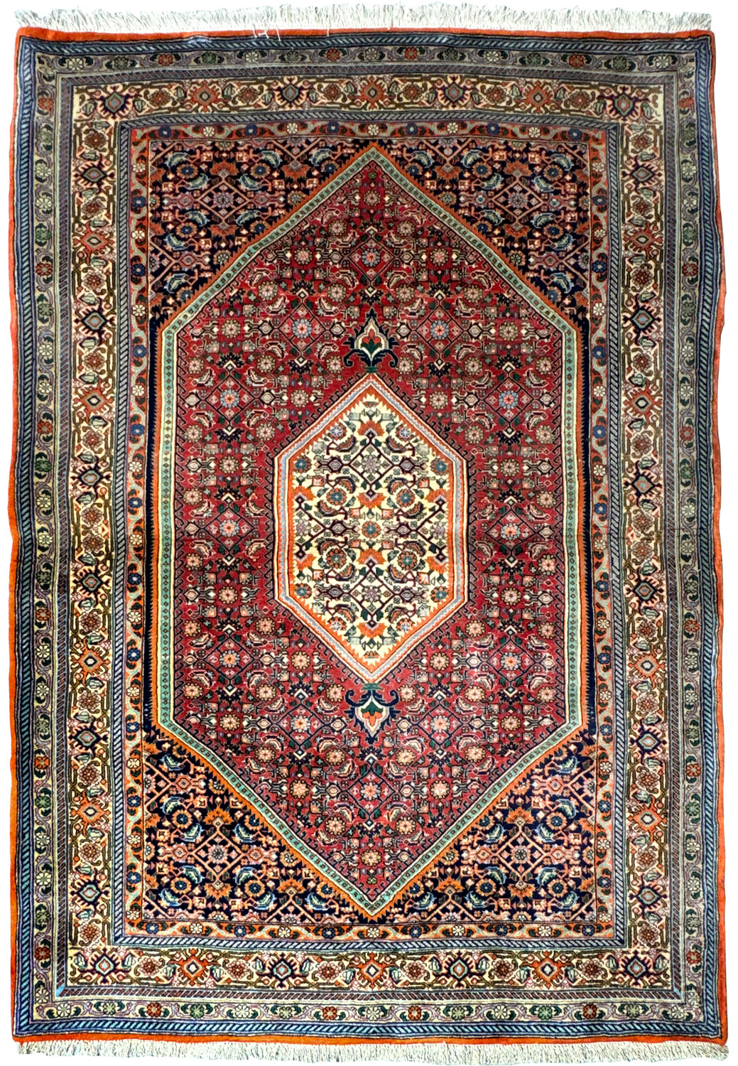 The full view of a 4x6 Persian Bijar rug on a flat surface, displaying the complete design with a prominent red field and a complex, multi-colored border.