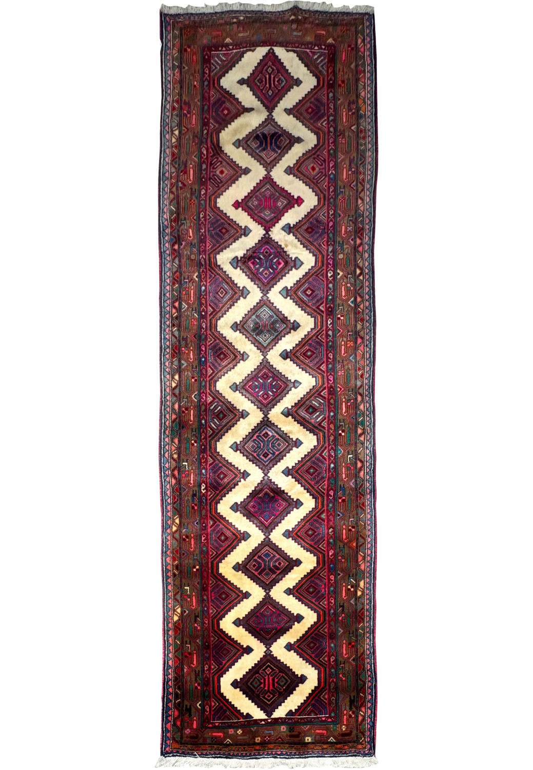 Full-length image of a 3 x 9'7 Persian Hamedan runner rug with geometric patterns on a deep red background