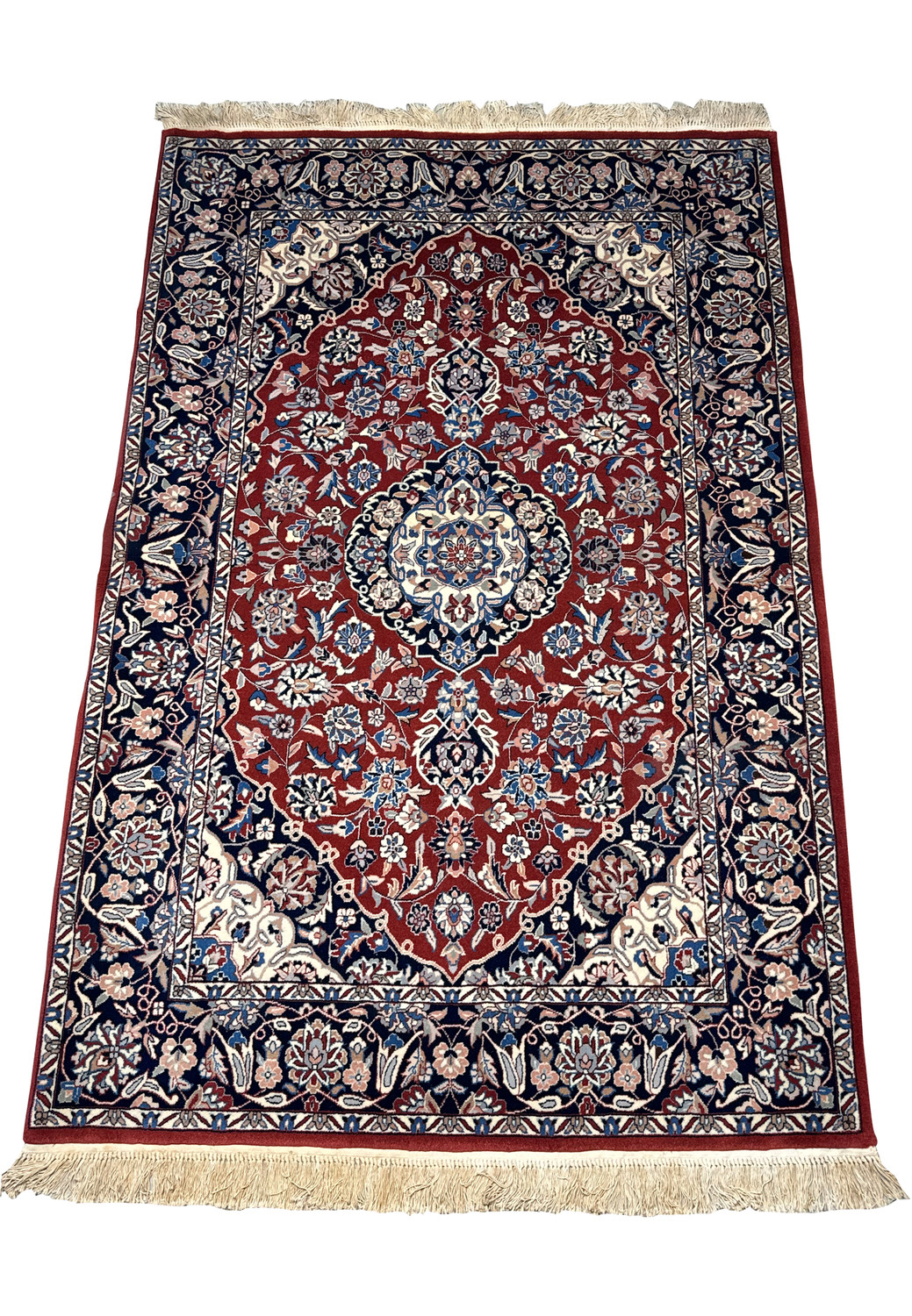 Full view of  4 x6 handmade Persian Isfahan wool and silk rug with traditional design and fringed edge