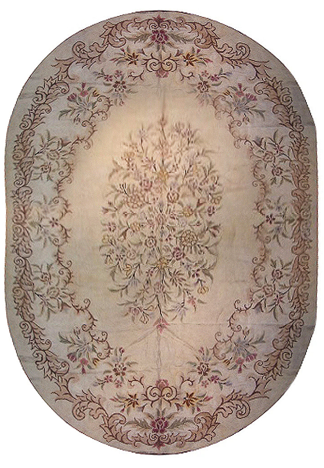 Grand 11x18 Persian Hook Aubusson Style Oval Rug with delicate floral patterns and a soft pastel color palette