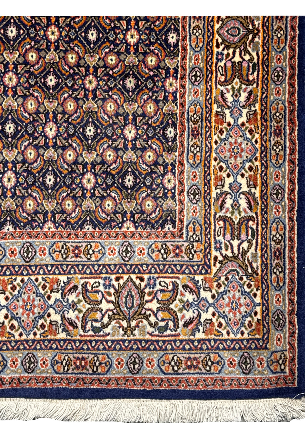 Detailed view of the Persian Moud Rug's border design featuring traditional Persian floral motifs.