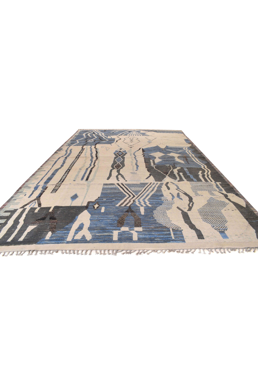 Perspective view of the same Modern Moroccan Oversize Rug, showing its length and abstract patterns stretching across the surface.