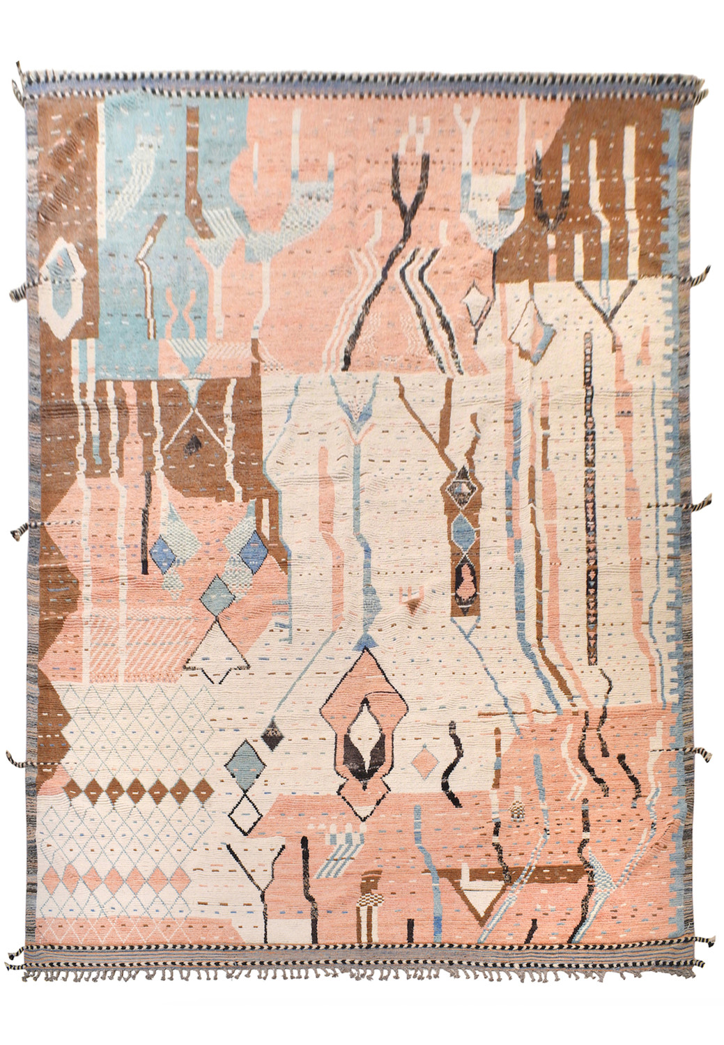 An overhead view of a modern Moroccan oversize rug with pastel peach, sky blue, and charcoal patterns on an ivory background