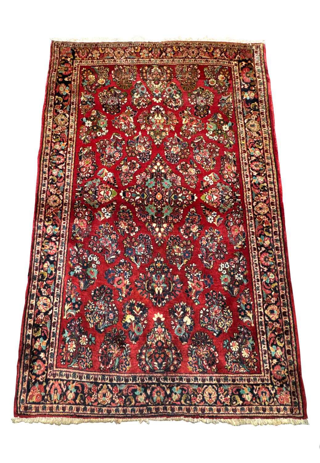 Overhead view of a 4' x 6'3 Persian Sarough rug featuring a central medallion and floral motifs on a red background with a detailed border.