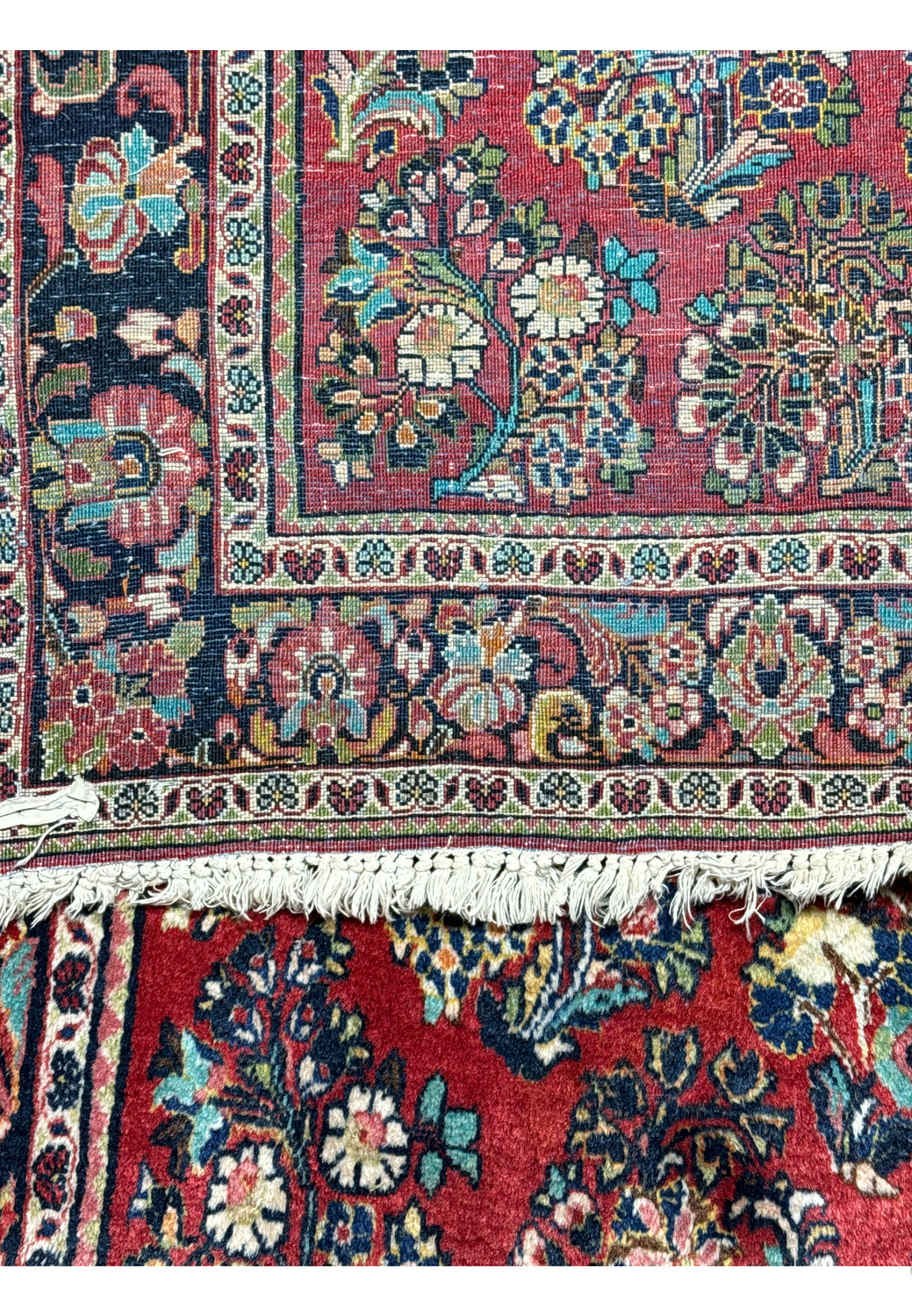 Detailed view of the Persian Sarough 4x6 rug's edge, showing the fine fringe and border patterns