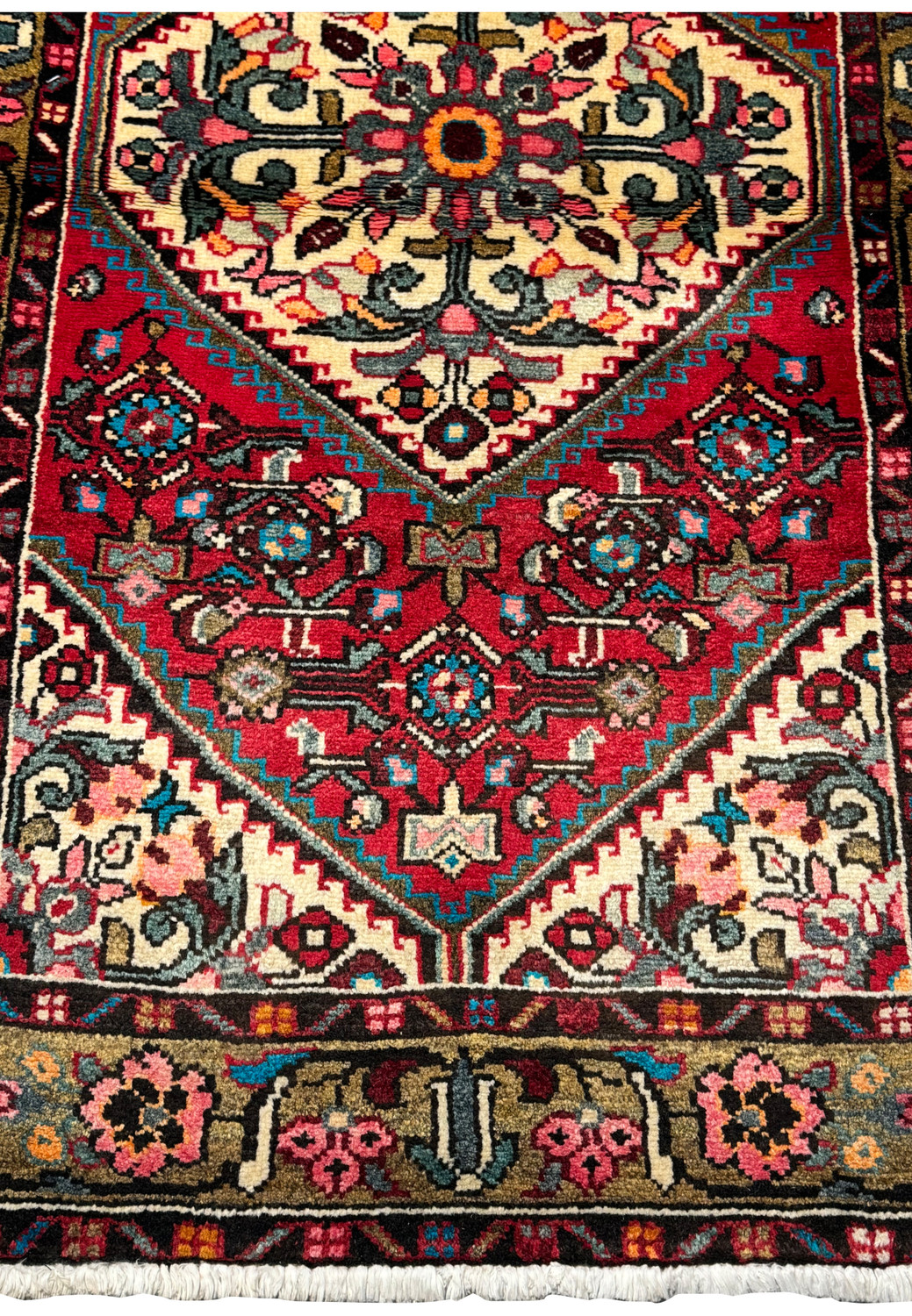 Detailed image of the Persian Hamedan rug showcasing the fine craftsmanship and vivid colors."