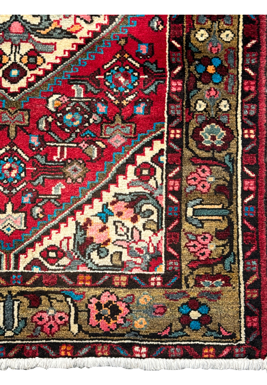 Persian Hamedan rug corner highlighting the intricate border and fringe detail."
"Angled view of the Persian Hamedan rug displaying the plush pile and ornate designs