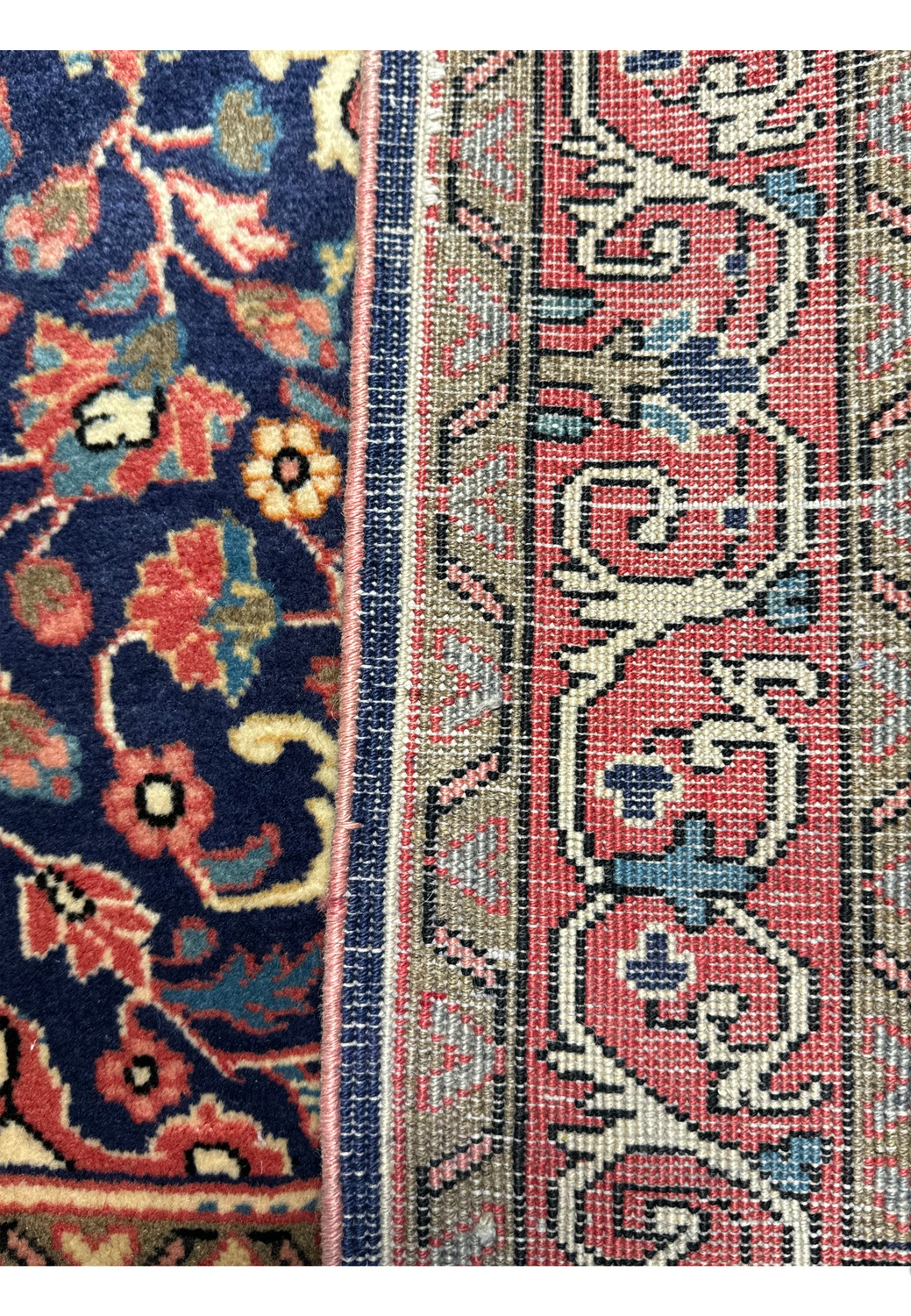 Edge detail of a Vintage Persian Sarough Rug, focusing on the intricate border design and fringe finish
