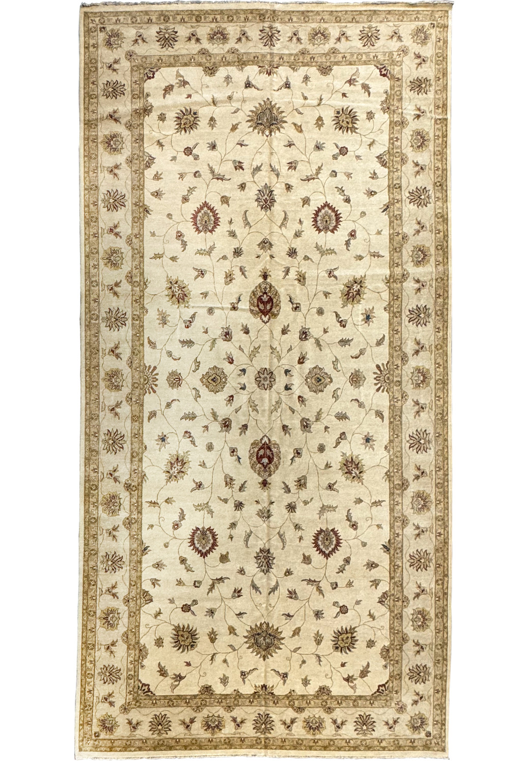 Full view of a large 12x24 Oriental Chobi rug with intricate patterns and a beige backdrop