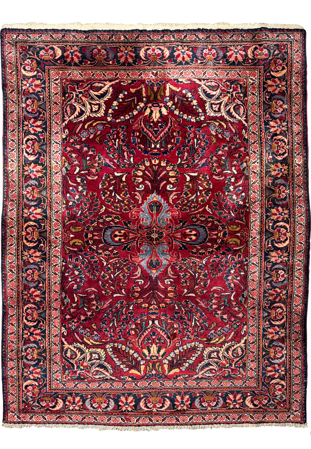 Close view of a 4x6 Antique Persian Lilihan Rug showcasing the detailed central medallion and rich red field.