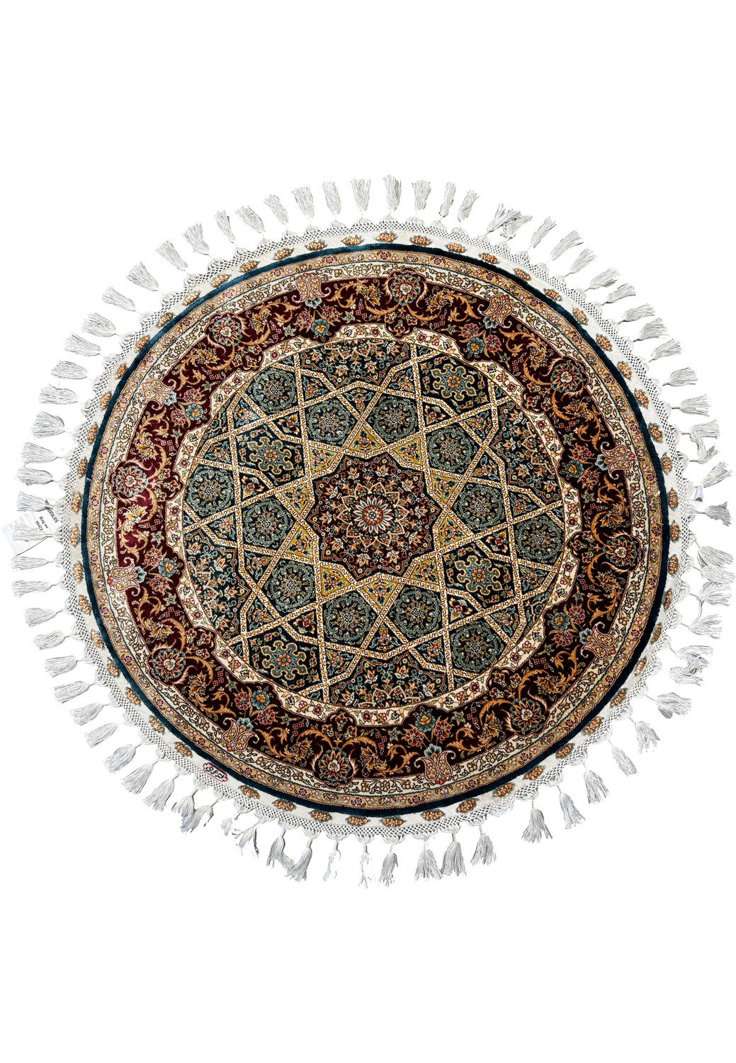 Overhead view of a luxurious 3x3 Round Persian Qum Silk Rug with an ornate central medallion and intricate border patterns