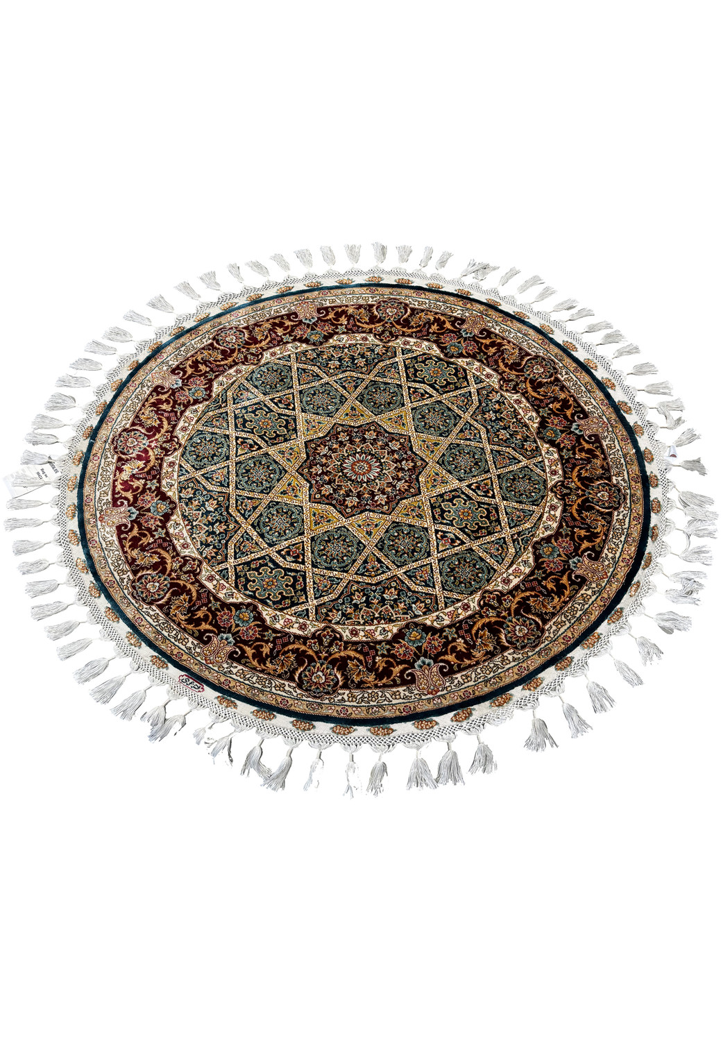 Full view of a round 3x3 Persian Qum silk rug displaying detailed floral motifs and rich, contrasting color palette