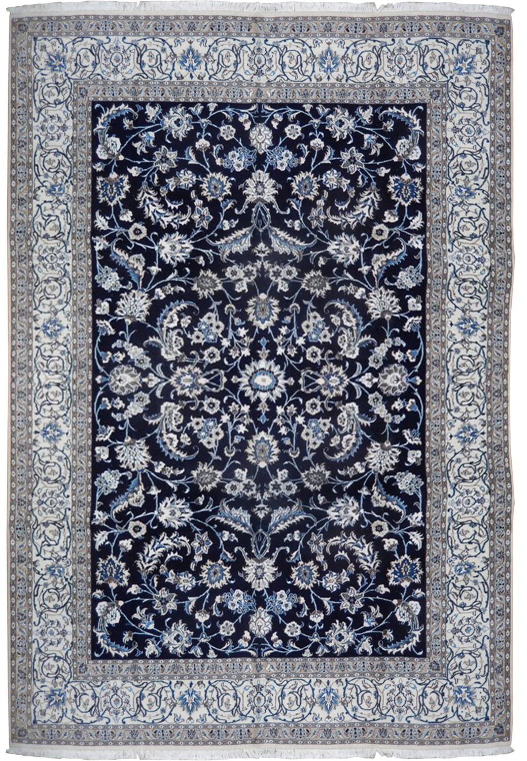 An overhead shot of a Persian Nain Rug, highlighting the intricate floral design and rich blue central field.