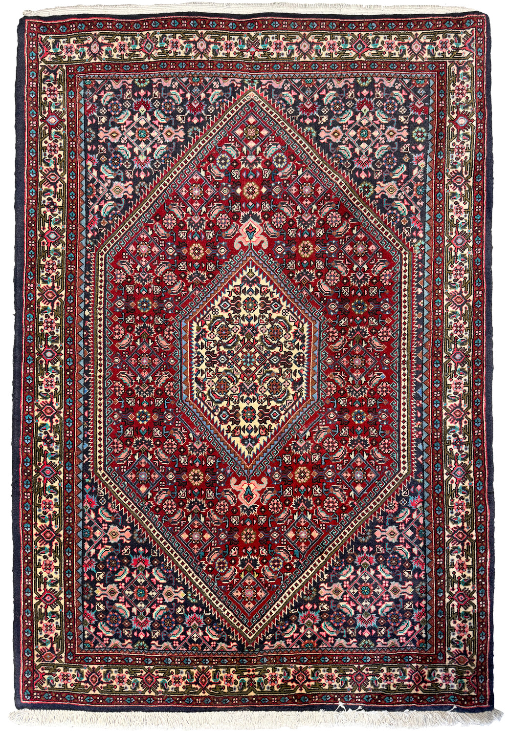 Overhead view of a 3'2" x 4'7" Persian Bijar Rug, showcasing the rich crimson field and detailed patterns
