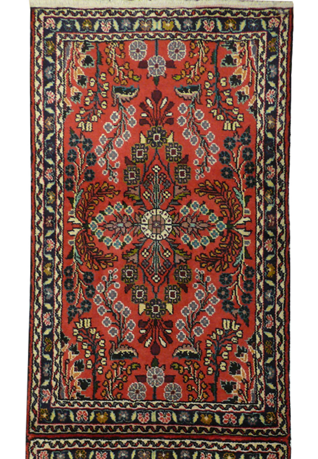 A detailed view of a Persian Darjazin runner rug showing the intricate floral and geometric patterns in deep red, black, and cream colors