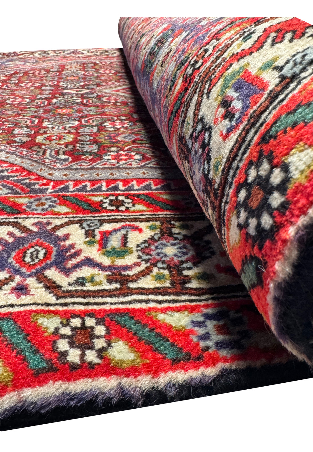 A detailed top view of a Persian Bijar rug focusing on the central medallion and complex patterns. Colors: Crimson red, navy blue, ivory, beige, forest green, light blue, orange, pink, black.